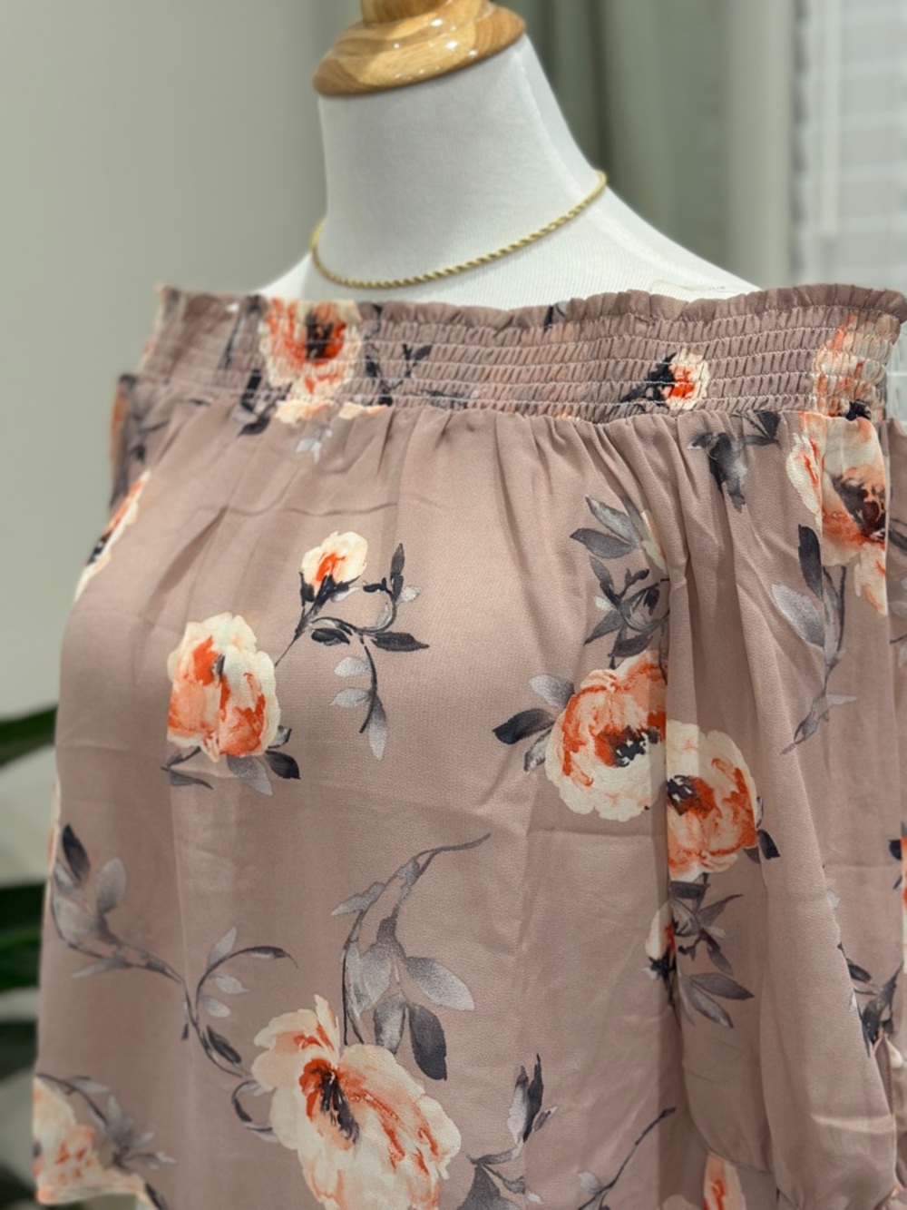 Blush-Pink Floral Smocked Waist Off Shoulder blouse